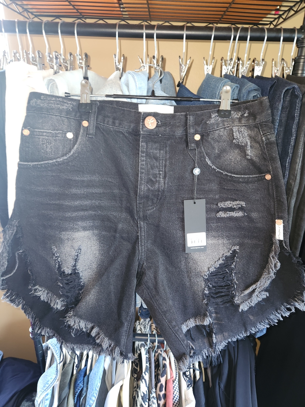 One Teaspoon Black Distressed Frayed Hem Denim Shorts FRANKIES